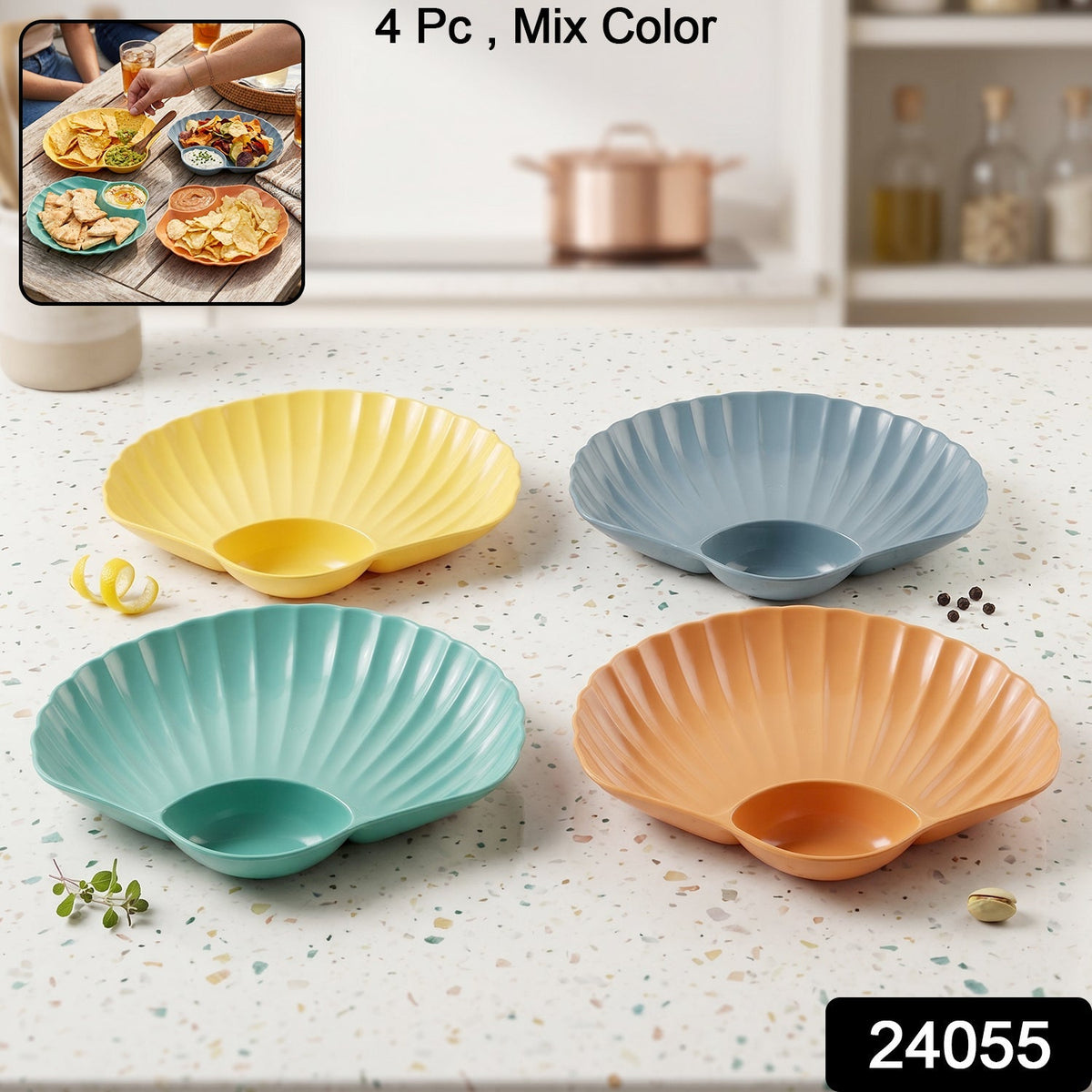 Set of four vibrant shell-shaped snack trays with dip bowls, ideal for snacks and dips.