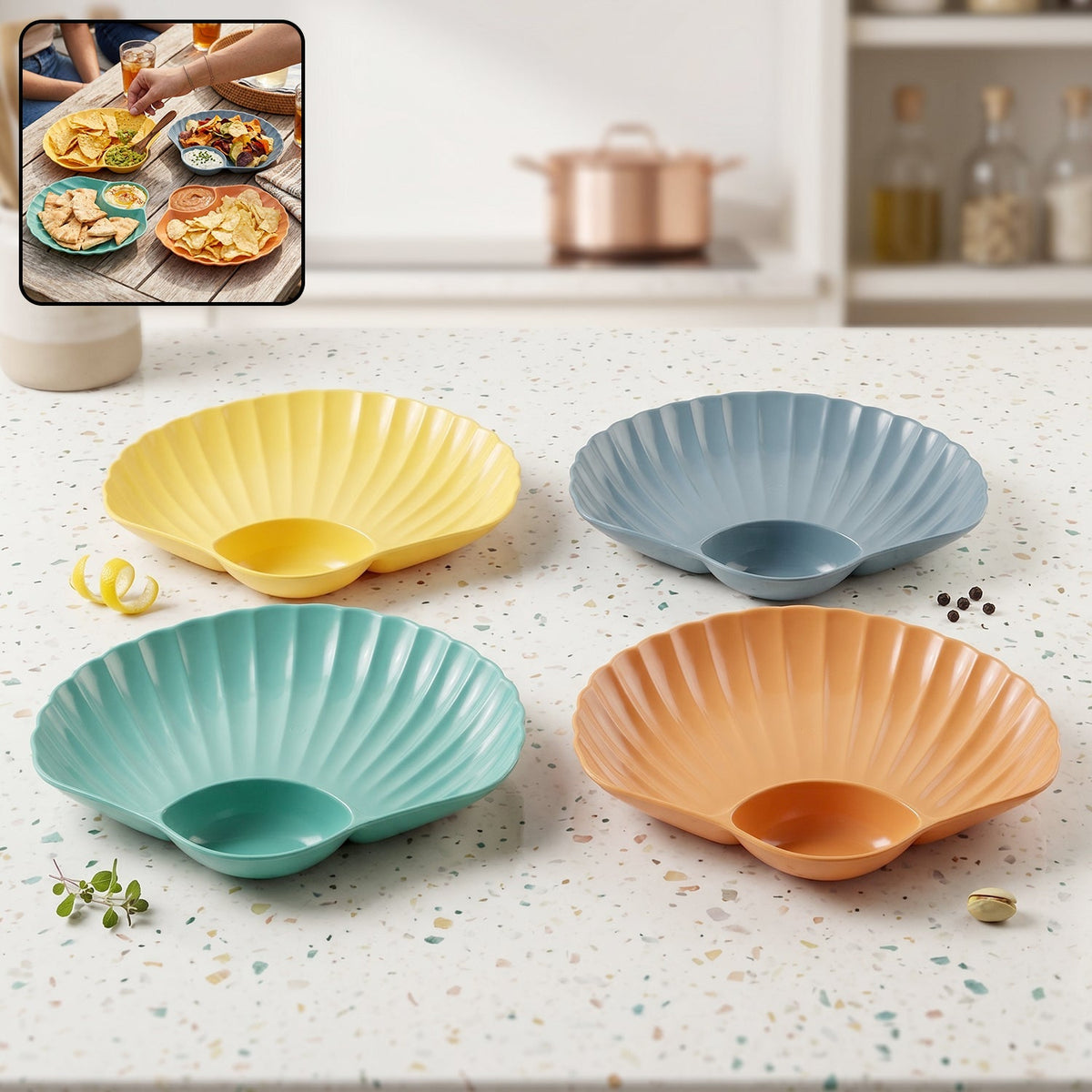 Close-up of the durable plastic shell-shaped snack plate with dip compartment.