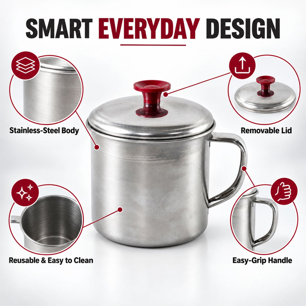 Stainless steel tea coffee mug with lid - everyday design