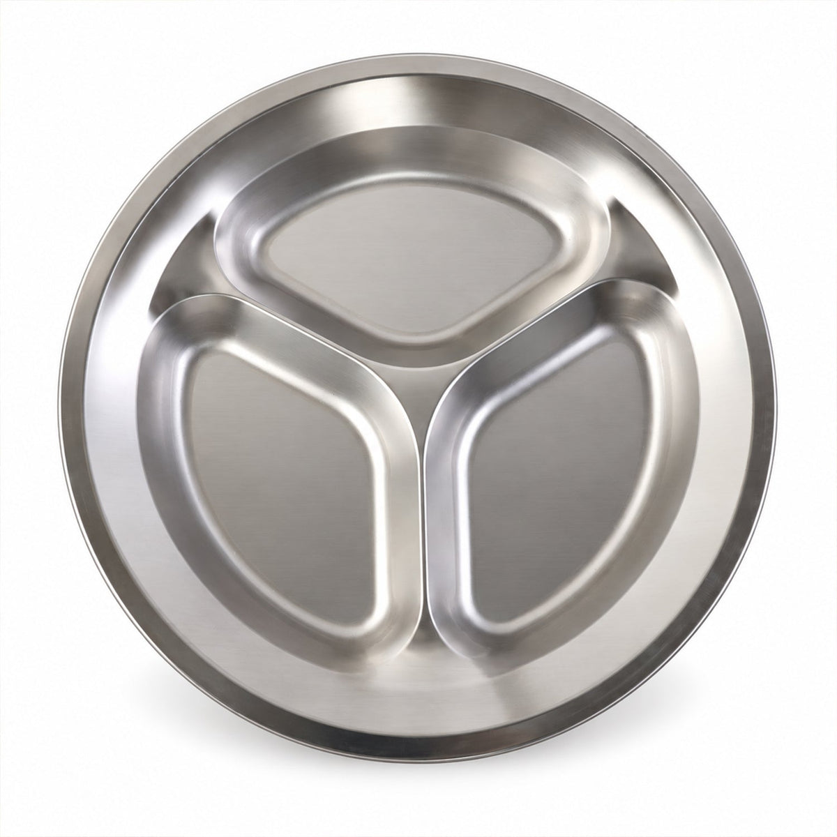 Stainless steel three compartment plate - white background