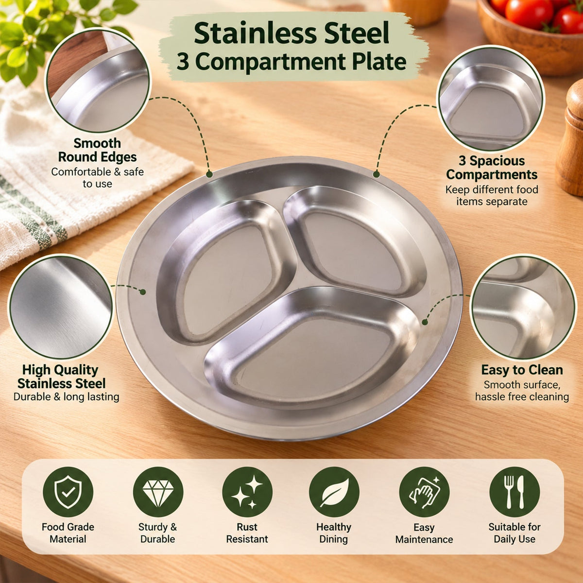Stainless steel three compartment plate - plate features