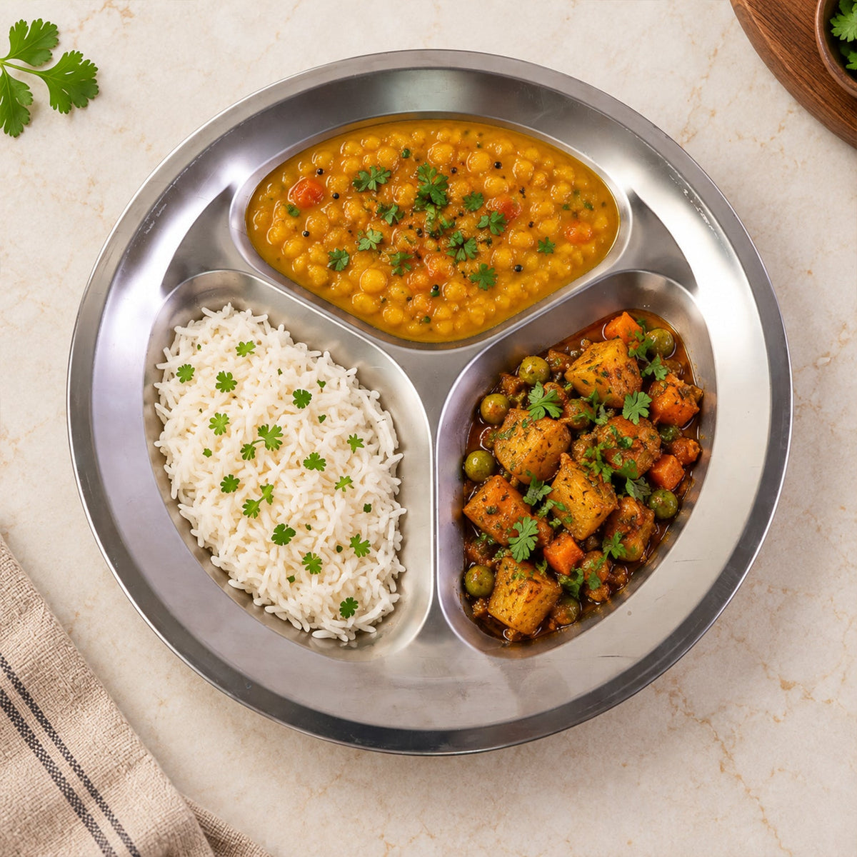 Stainless steel three compartment plate - divided meal arrangement