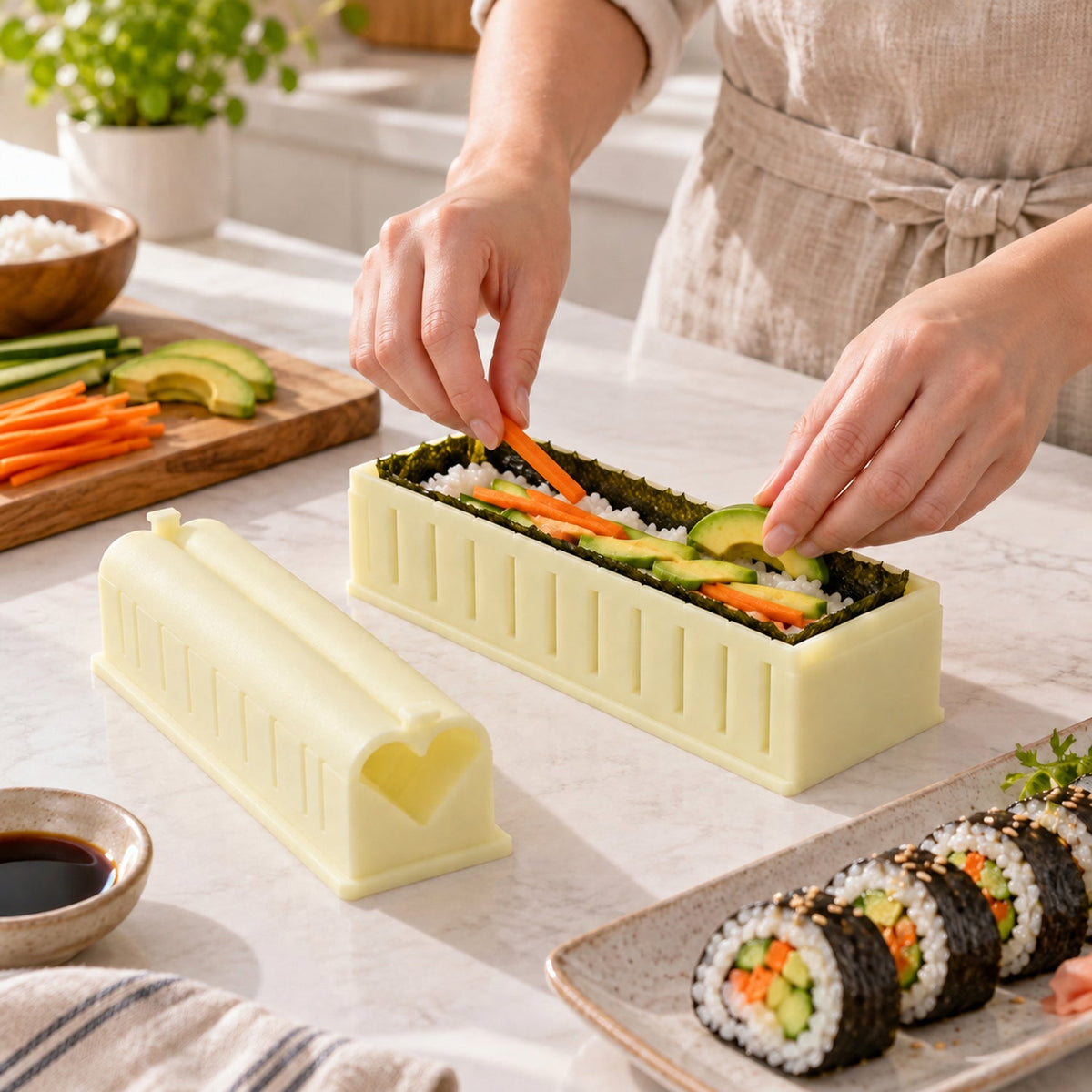 Sushi roll maker showing cutting slots