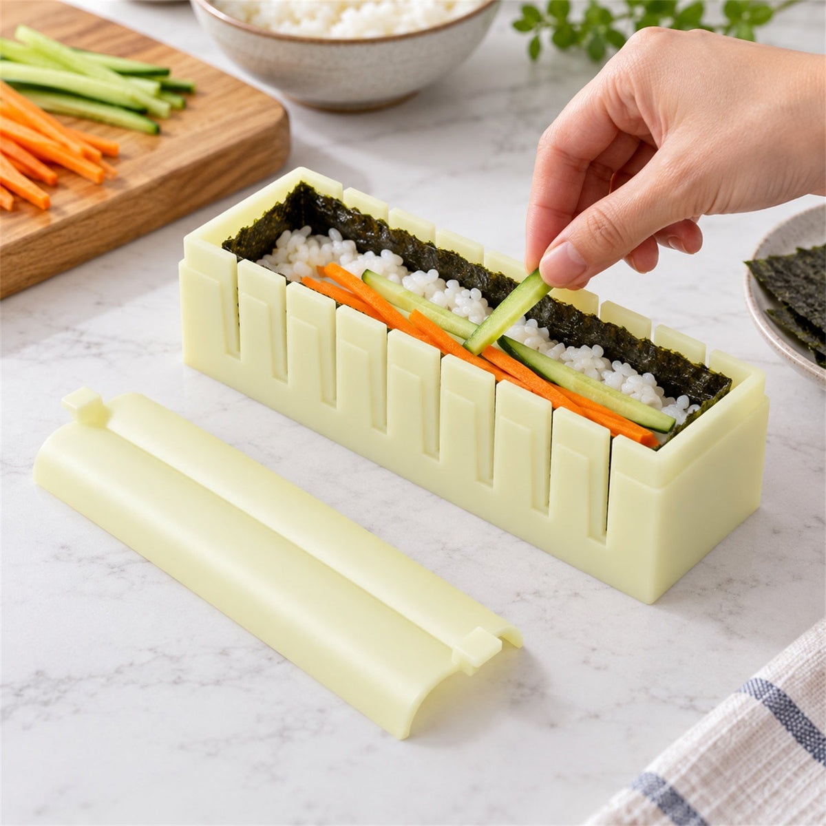 A hand places a cucumber strip into a sushi mold filled with rice and seaweed, with other ingredients visible.