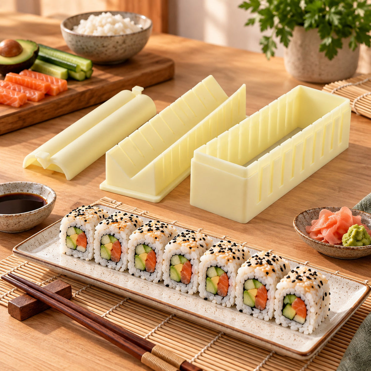 The three light yellow plastic sushi maker pieces are arranged on a bamboo mat, with a plate of finished sushi rolls.