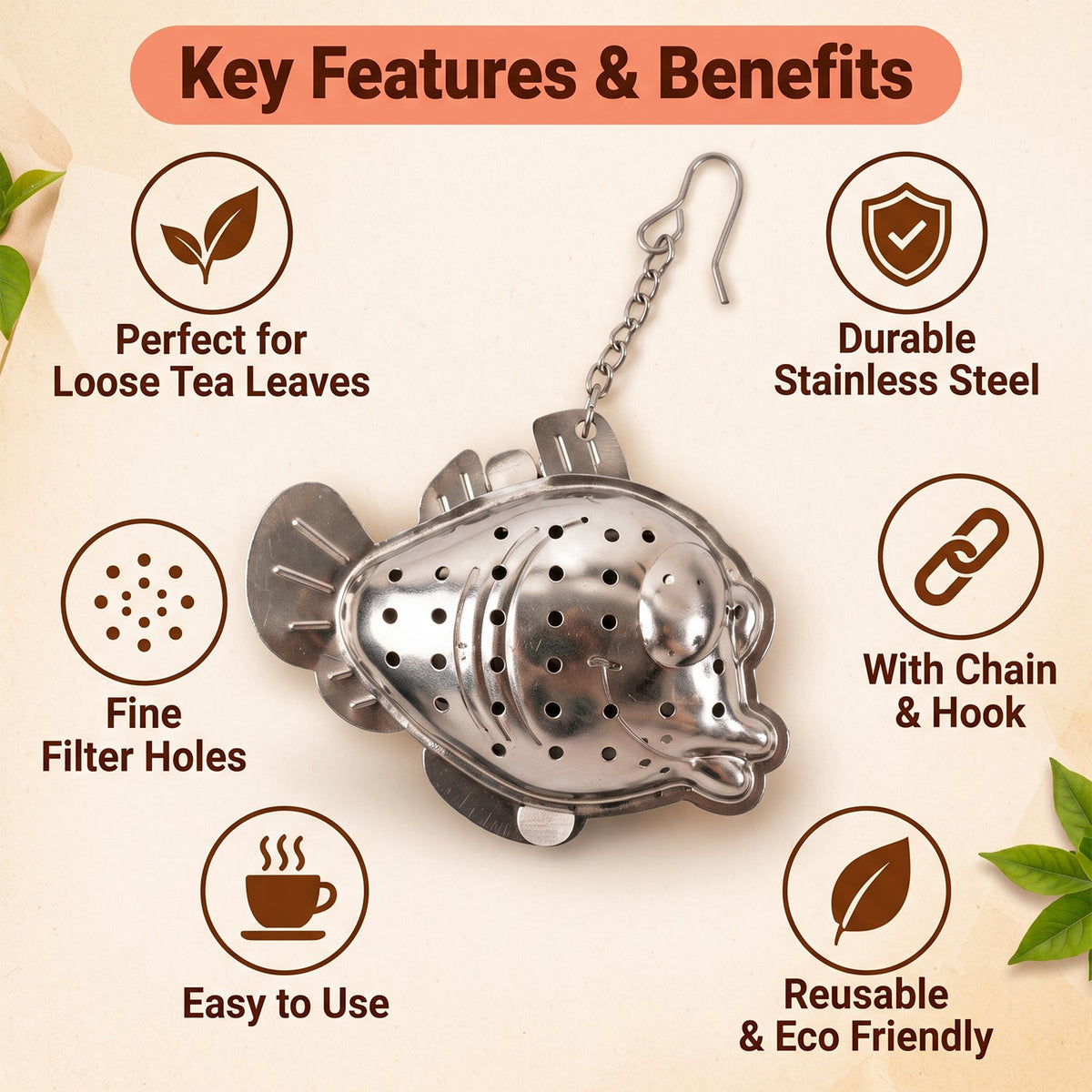 A silver fish-shaped tea infuser with a chain and hook, surrounded by icons highlighting its features and benefits.