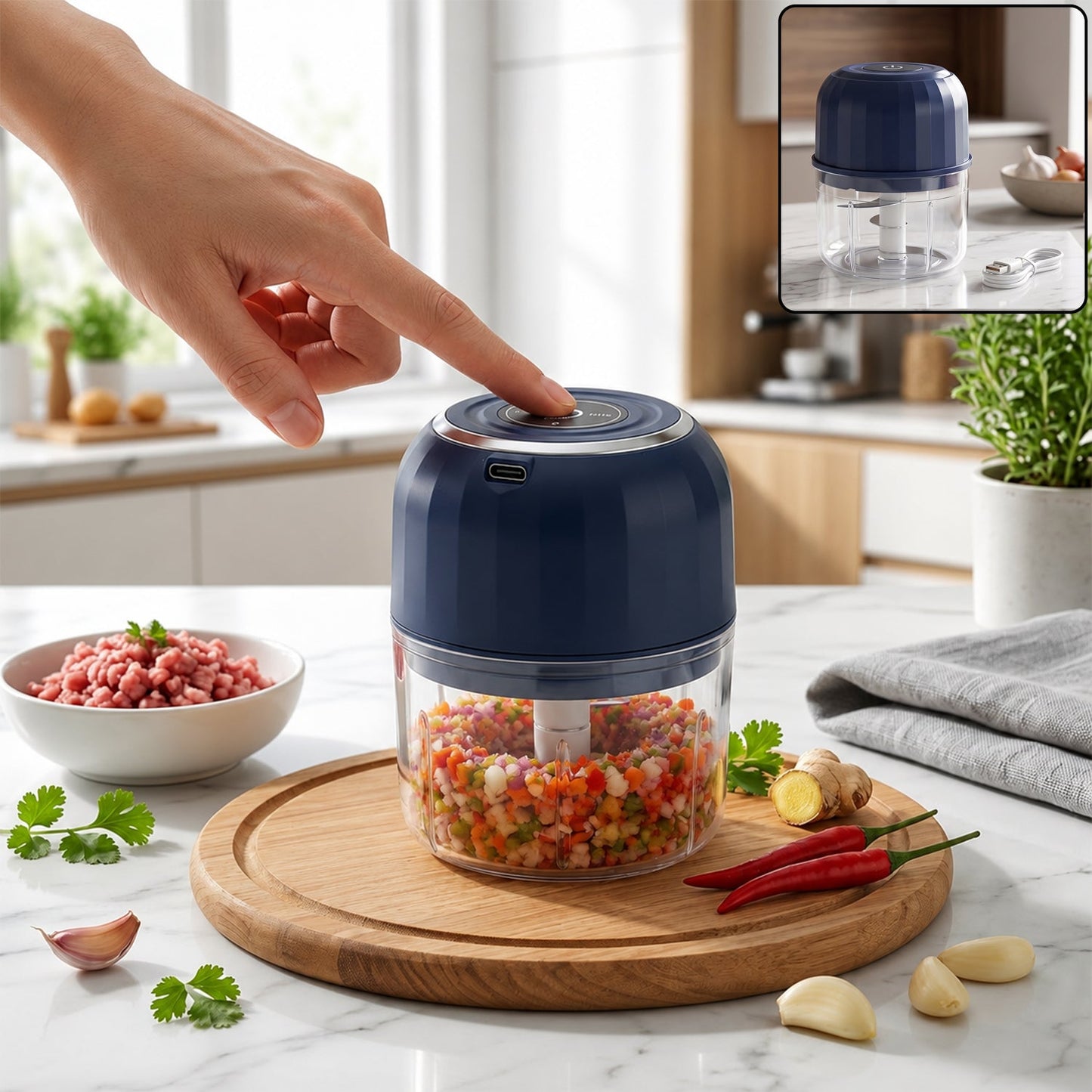 USB rechargeable mini food chopper with glass bowl