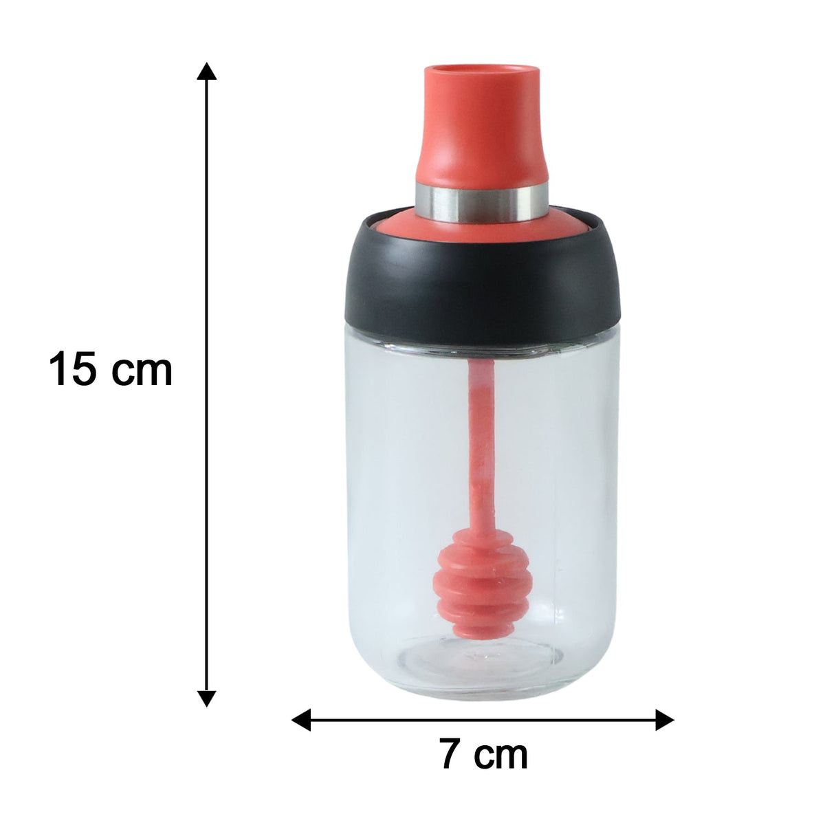A clear glass dispenser with a red silicone dipper and black and red lid, showing dimensions of 15 cm by 7 cm.
