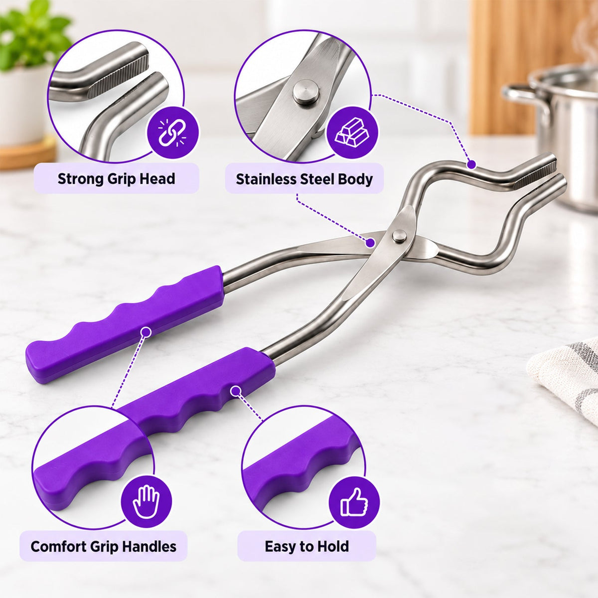 Stainless steel pot lifter with purple handles on a white marble counter, with callouts for strong grip, stainless steel