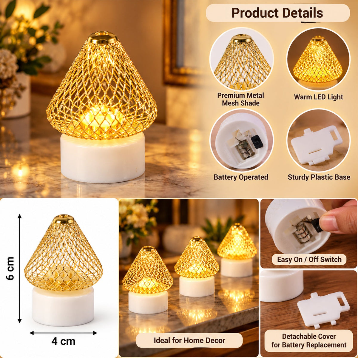 A golden mesh LED light with a white base, surrounded by details about its premium metal shade, battery operation, and