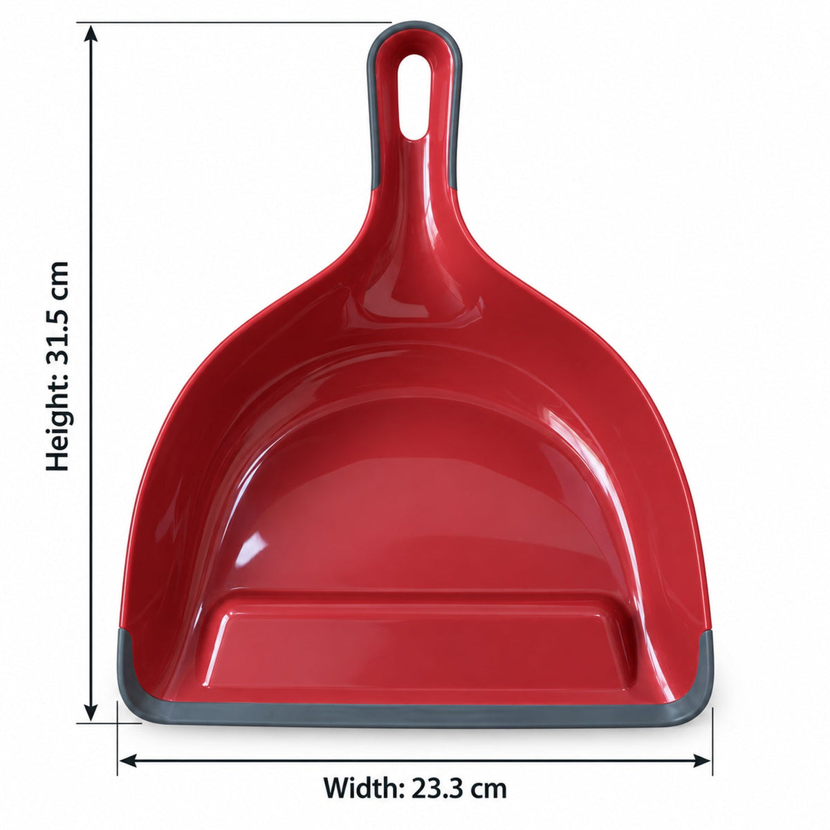 A red and grey dustpan is shown with its height of 31.5 cm and width of 23.3 cm indicated by arrows.