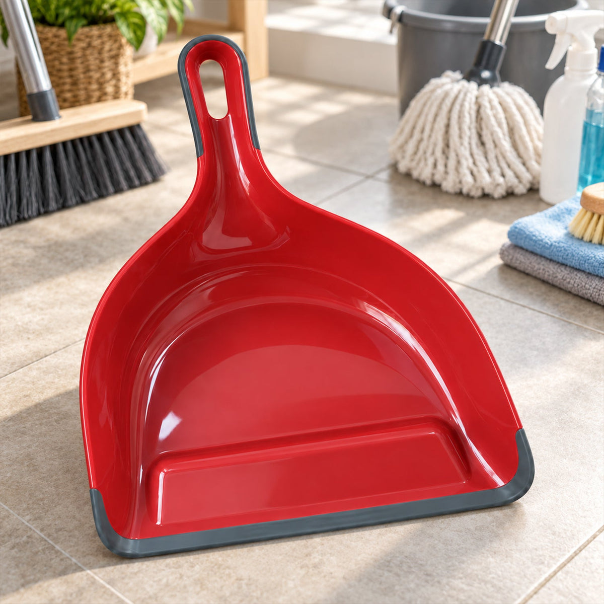 A red and grey dustpan rests on a tiled floor, surrounded by various cleaning supplies.