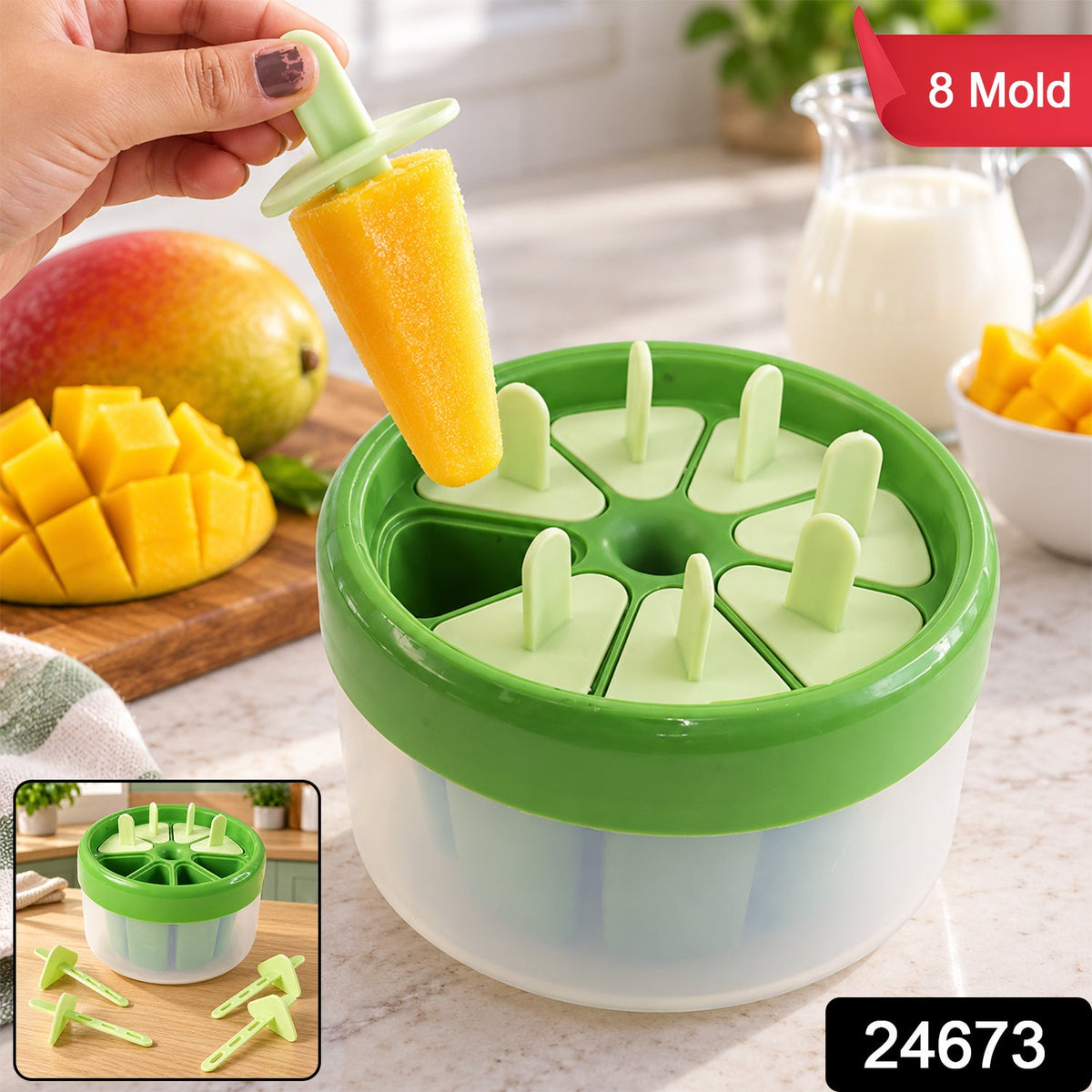 A hand removes a yellow mango ice cream from a green and white round plastic mold, with fresh mango and milk nearby; an