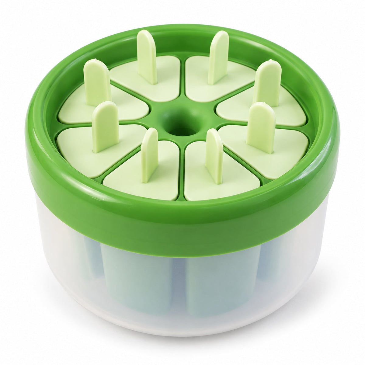 A green and white round plastic ice cream mold with eight light green stick lids inserted, against a plain white background.