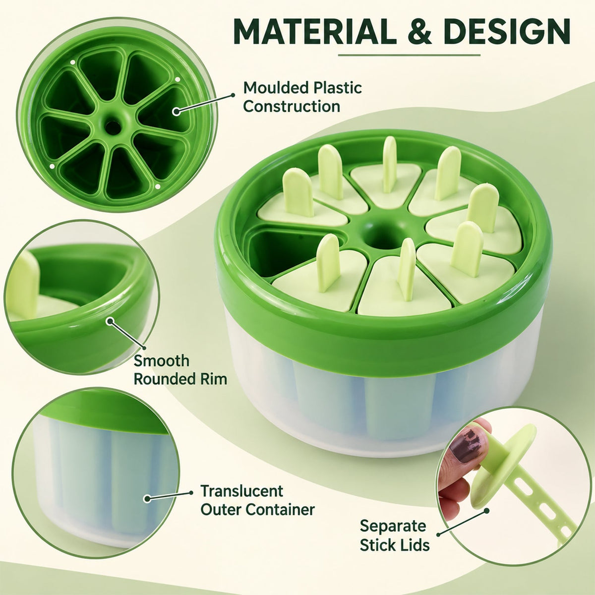 A green and white round plastic ice cream mold with callouts highlighting its moulded plastic construction, smooth rounded