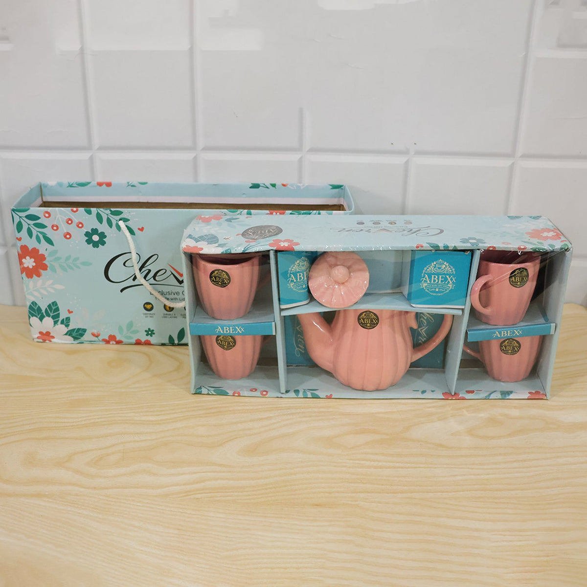 Pink Ribbed Ceramic Tea Set