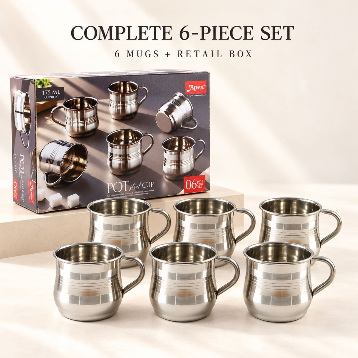 Stainless steel pot shaped tea coffee cups with handles set of six 07