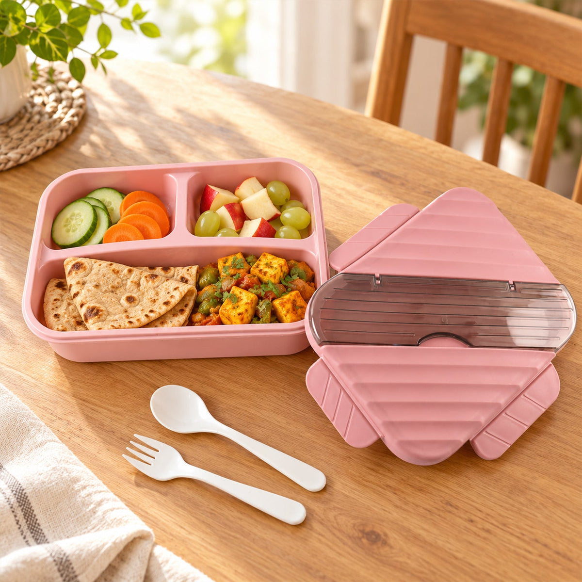 A pink three-compartment lunchbox filled with flatbread, curry, sliced vegetables, and fruit sits on a wooden table with