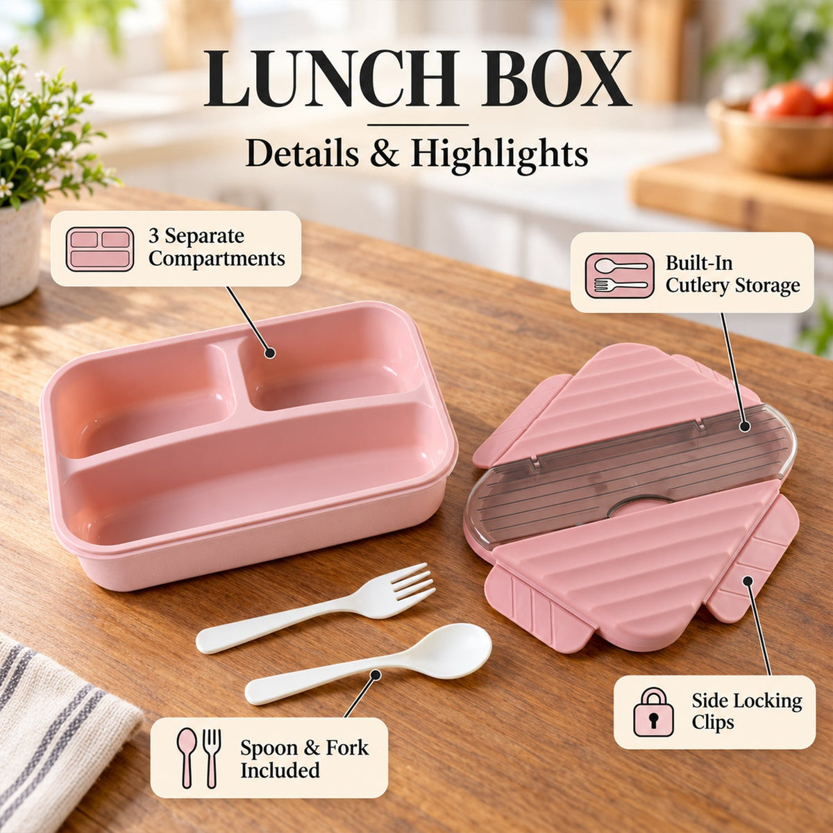 A pink lunchbox with three compartments, a separate lid with cutlery storage, and white spoon and fork are displayed with