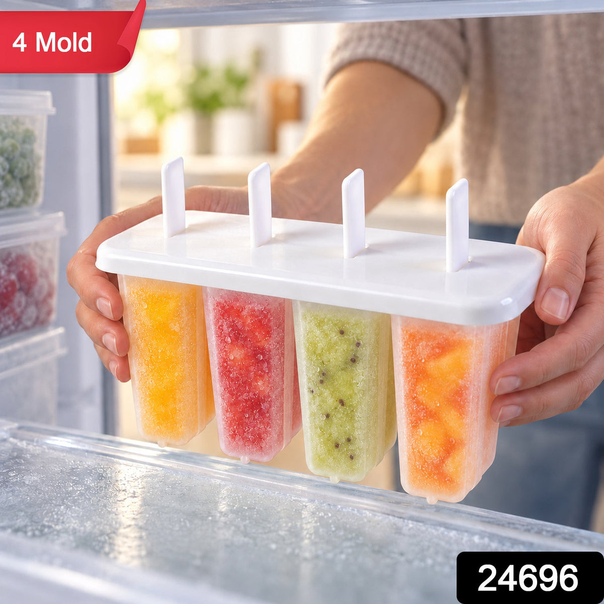 Reusable four cavity popsicle mould with lid and removable sticks 24696