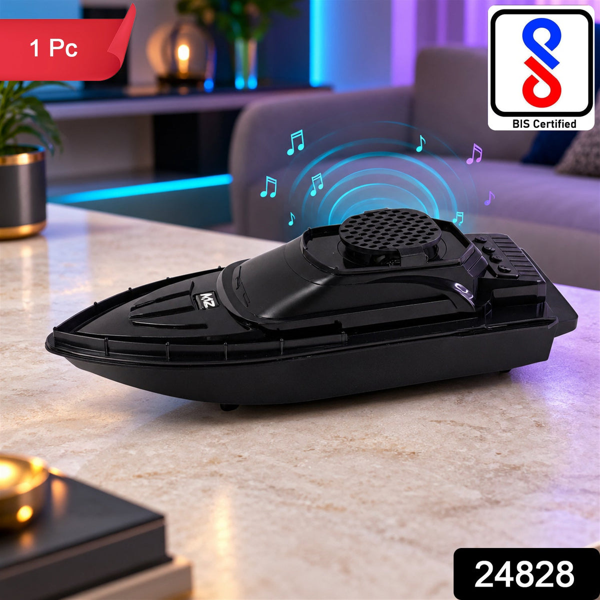 A black boat-shaped wireless speaker on a marble table, with a red "1 Pc" label and a white "BIS Certified" logo.