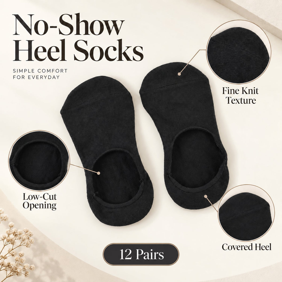 Two black no-show heel socks with callouts highlighting fine knit texture, low-cut opening, and covered heel.