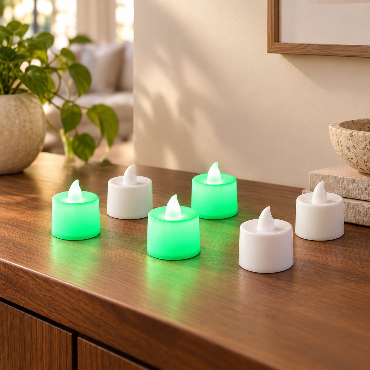 Six flameless tealight candles, three glowing green and three white, are arranged on a wooden cabinet in a bright room with