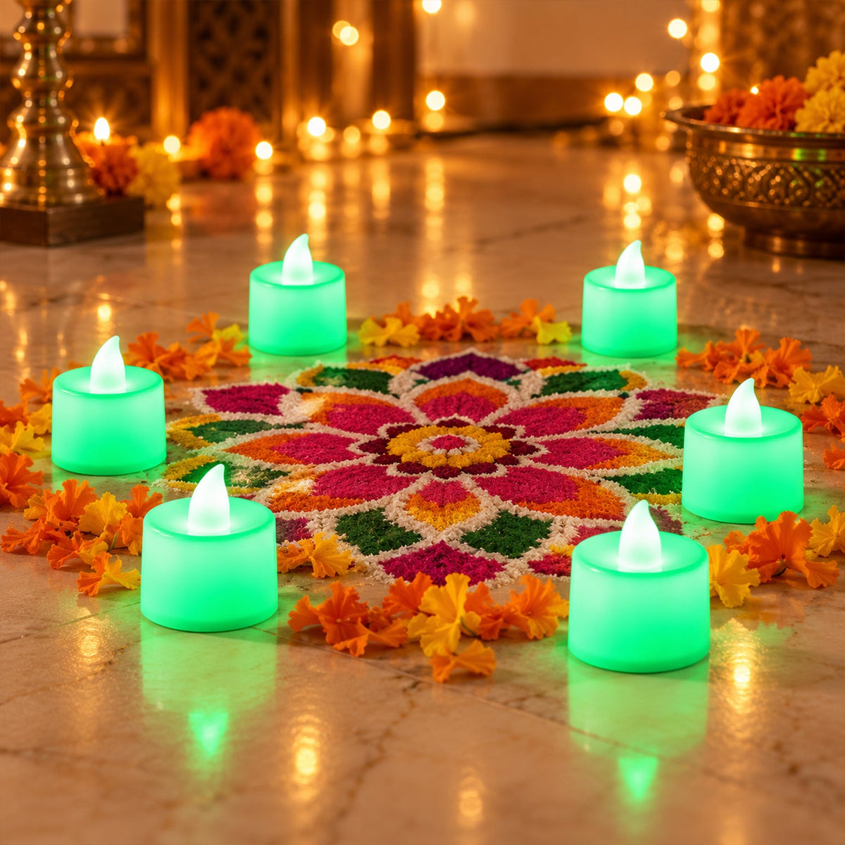 Six glowing green flameless tealight candles surround a colorful floral rangoli design on a light-colored floor, adorned