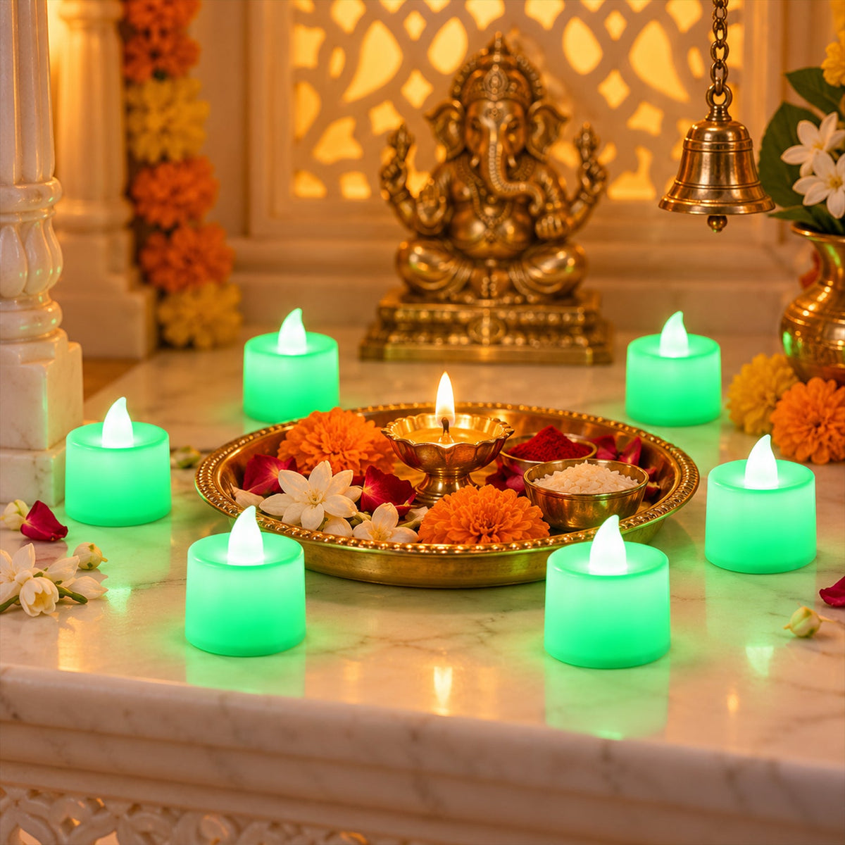 Six glowing green flameless tealight candles are placed around a brass offering plate with flowers, in front of a golden