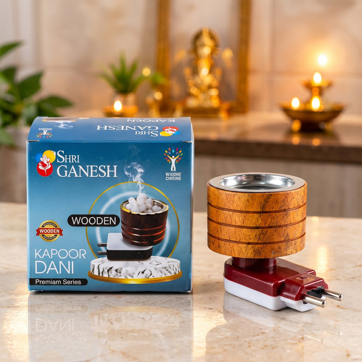 Electric wooden kapoor dani metal cup pooja