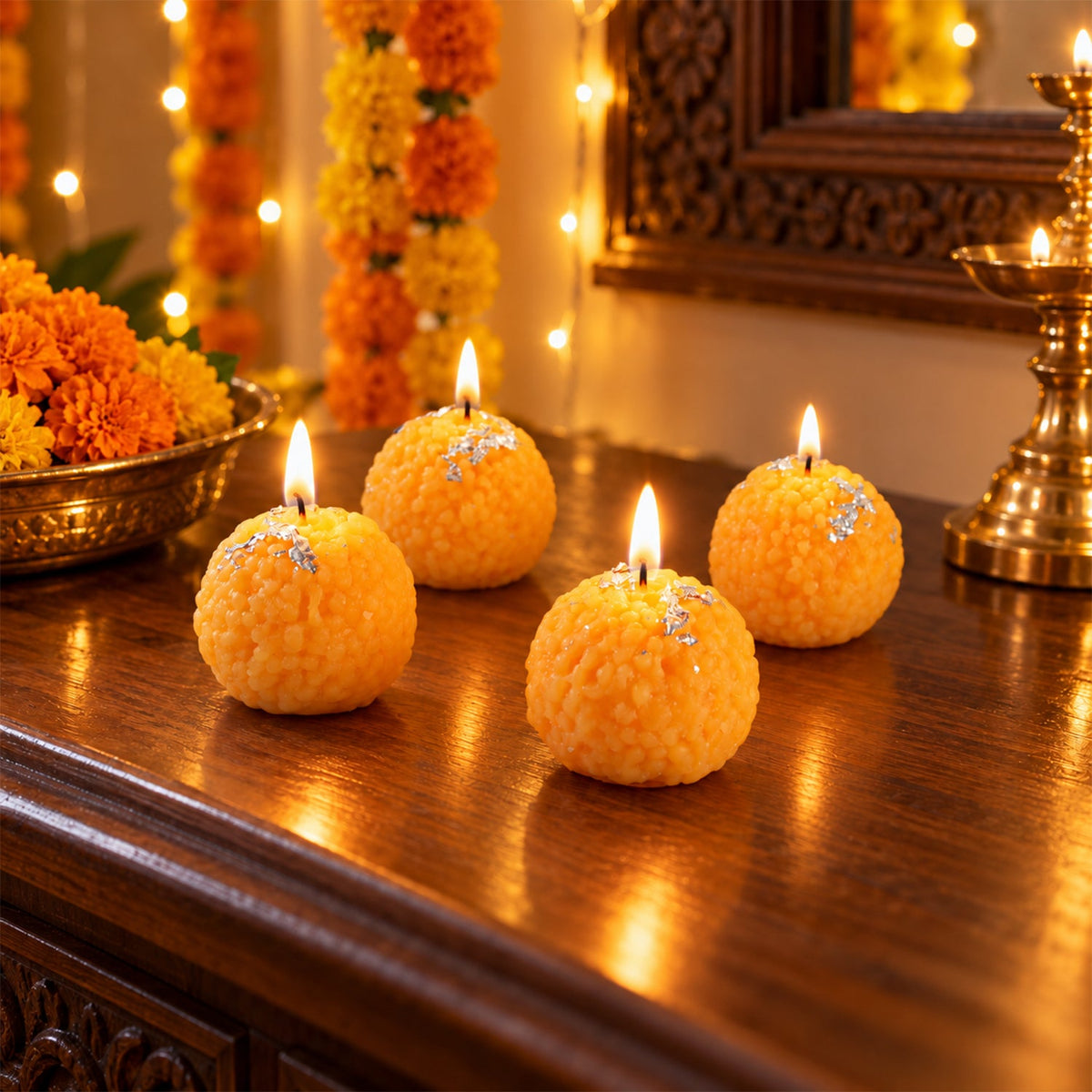 Four lit orange spherical candles with silver flakes on a wooden table, surrounded by festive decor.