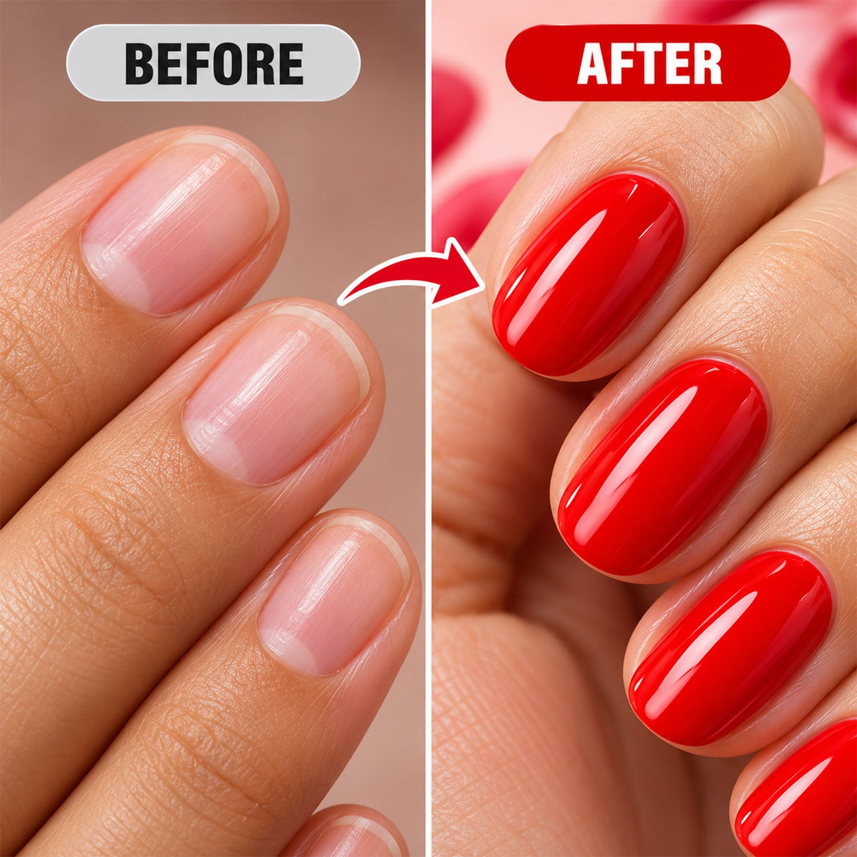 A split image showing natural fingernails on the left and nails painted with glossy red polish on the right.