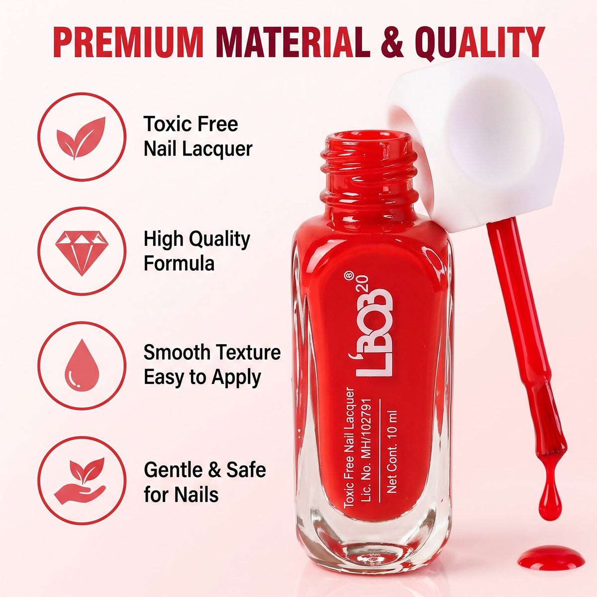 An open red nail polish bottle with the brush dripping, surrounded by icons detailing product benefits.