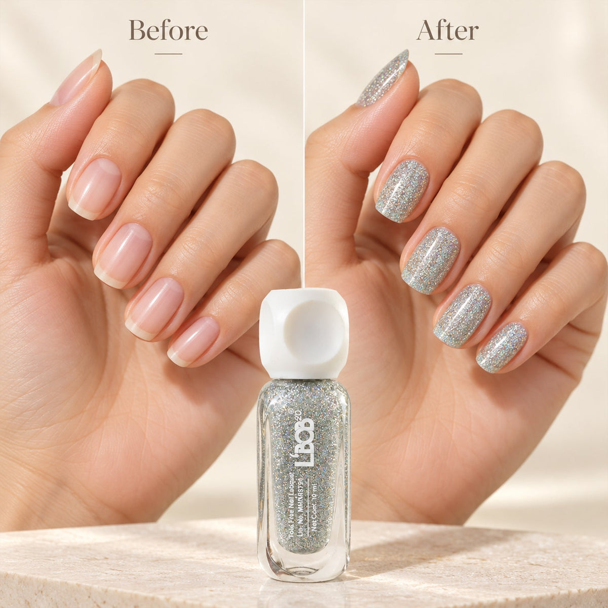 A split image showing a hand with natural nails labeled "Before" and the same hand with silver glitter polished nails
