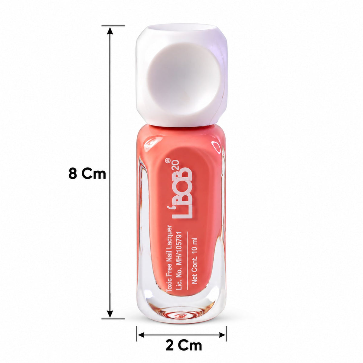 A peach coral nail polish bottle with a white cap stands on a white surface, with arrows indicating its height of 8 cm and