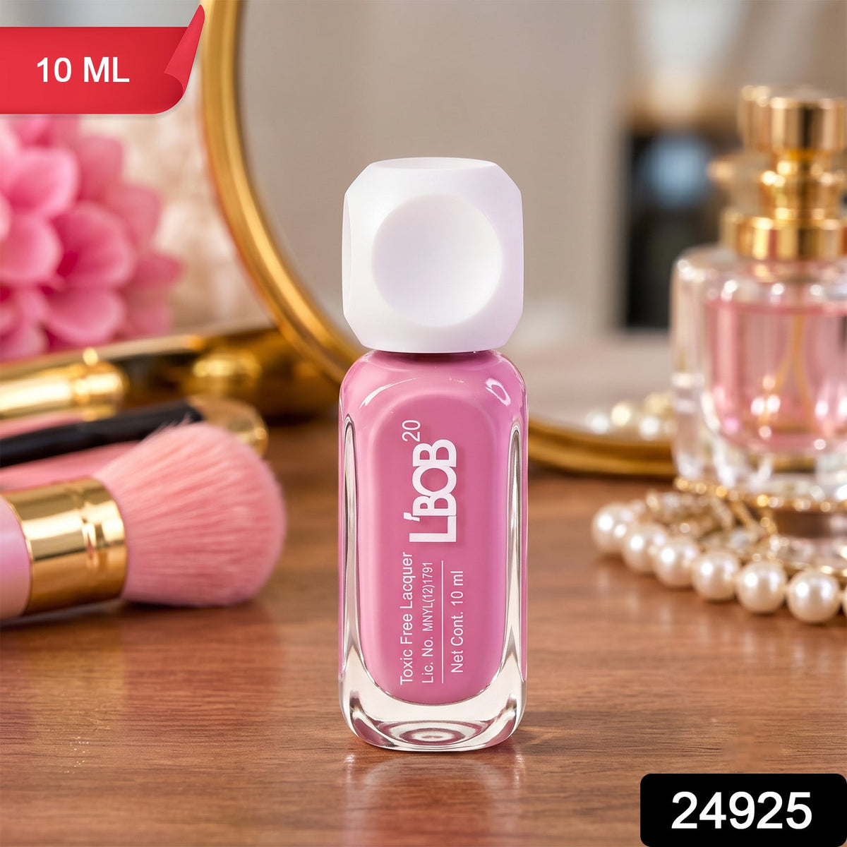 A pink nail polish bottle with a white cap on a wooden surface, with a red "10 ML" label in the top left corner.
