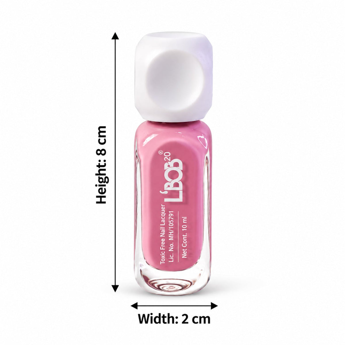 A pink nail polish bottle with a white cap, showing its height of 8 cm and width of 2 cm with measurement arrows.