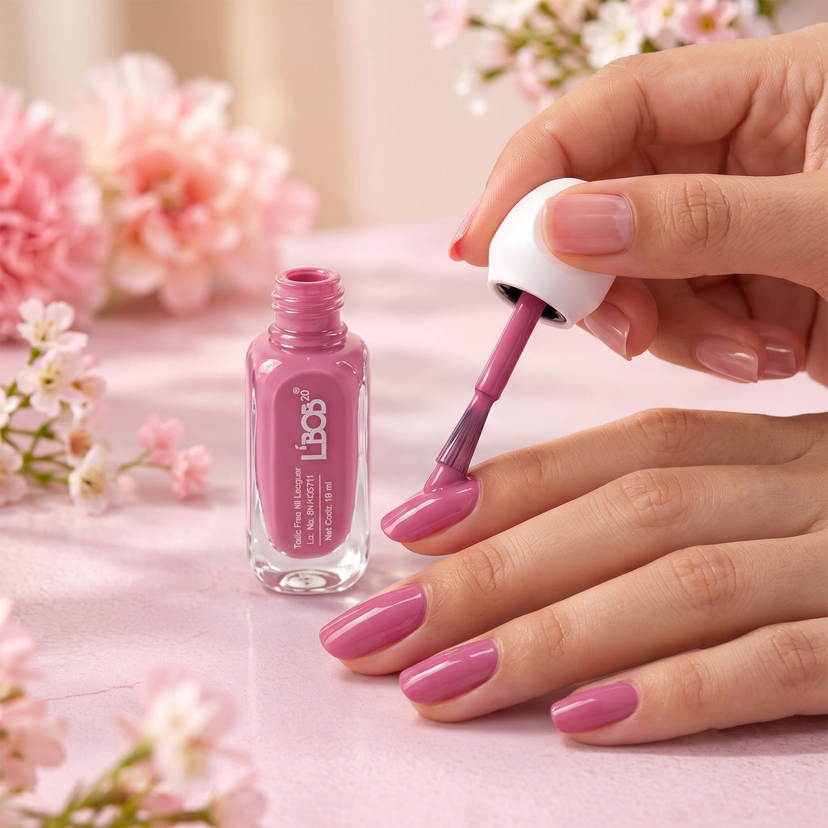 A hand applies mauve nail polish to fingernails, with the open bottle nearby on a pink surface.