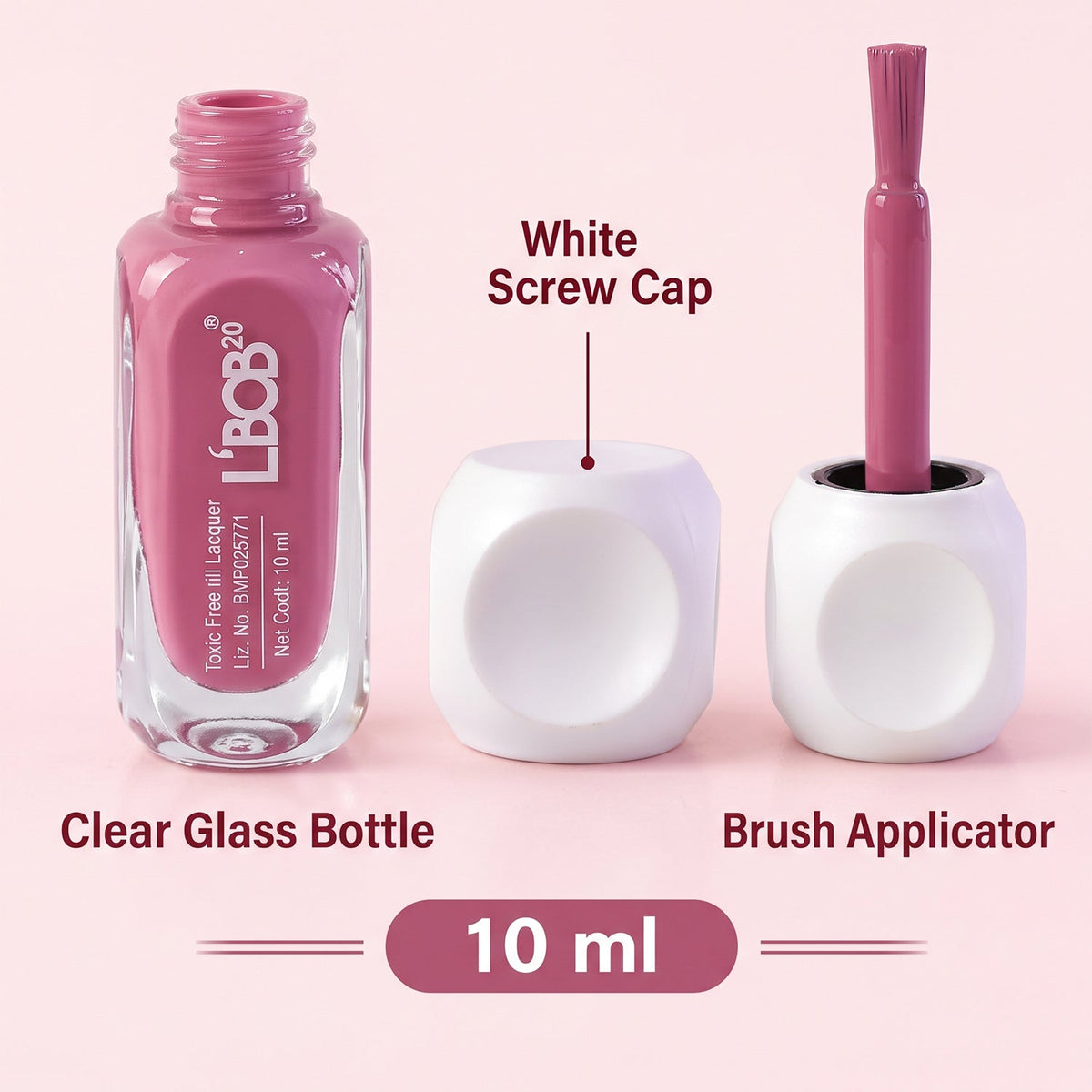 An open bottle of mauve nail polish, a white screw cap, and a brush applicator are displayed separately.