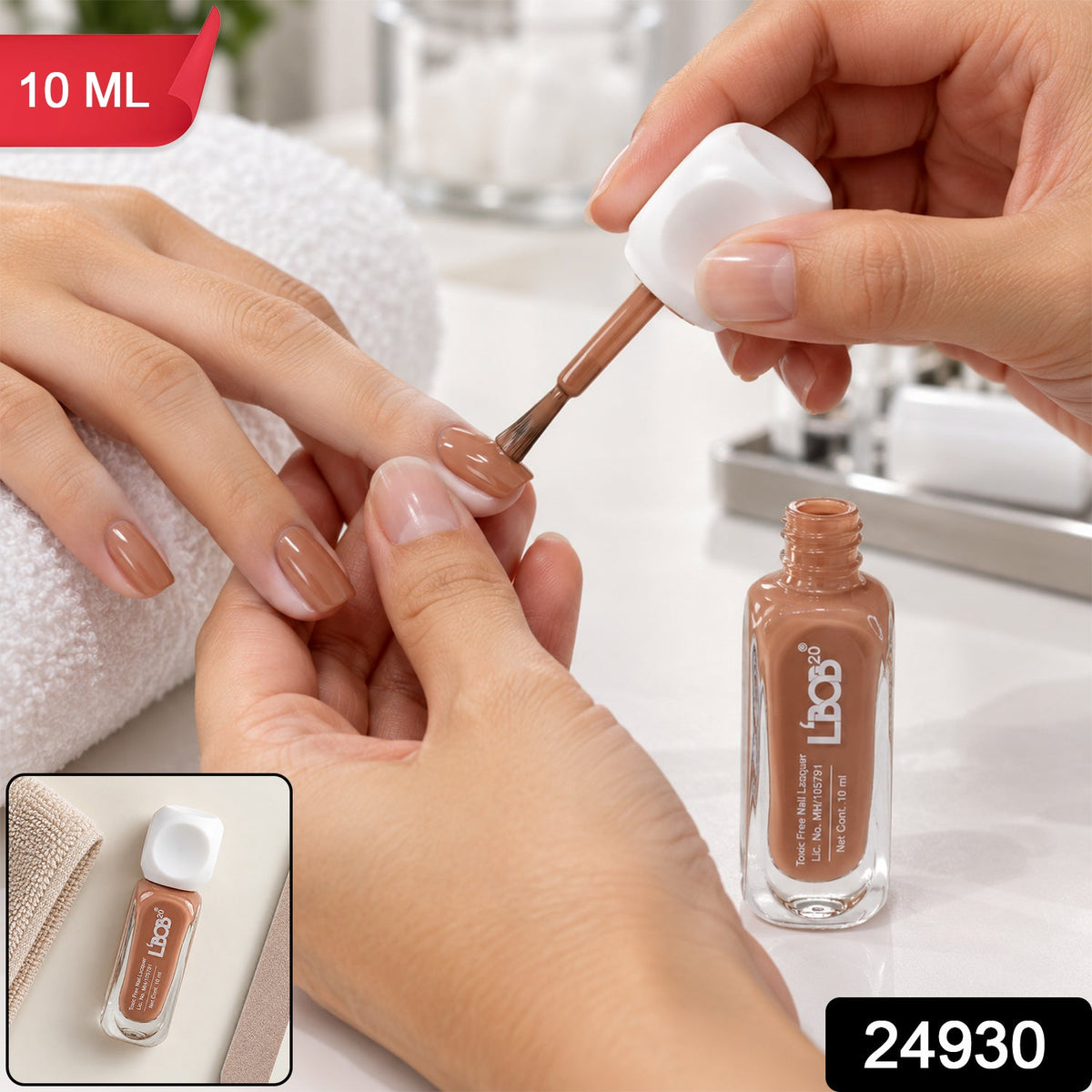 A person applies nude brown polish to fingernails with a brush, next to an open bottle, with a 10 ML label and product
