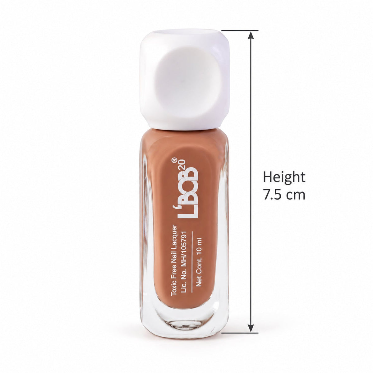 A clear glass bottle of nude brown nail polish with a white square cap stands upright, with height 7.5 cm indicated.