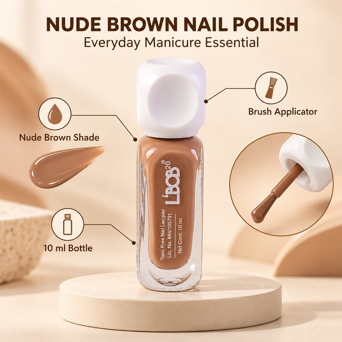 A bottle of nude brown nail polish is shown with callouts for shade, bottle size, and brush applicator.