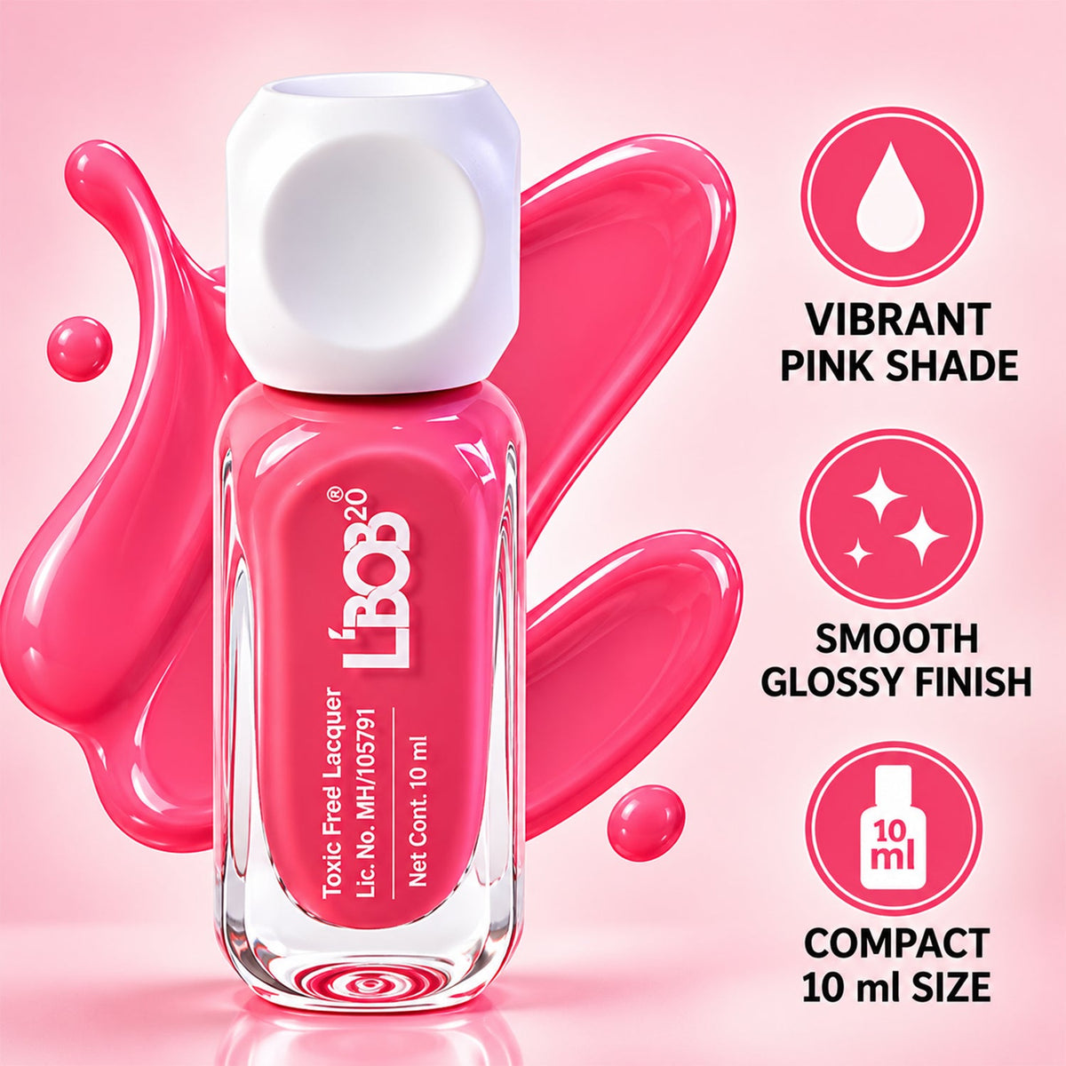 A pink nail polish bottle with a white cap is displayed with graphic elements highlighting its vibrant shade and smooth