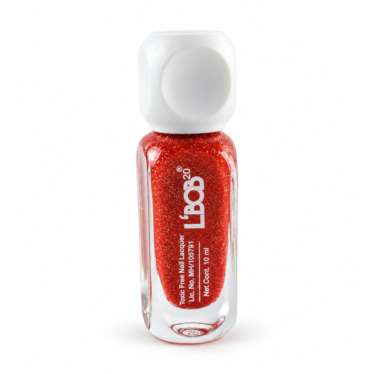 A small, clear glass bottle of red glitter nail polish with a white cap stands on a white background.