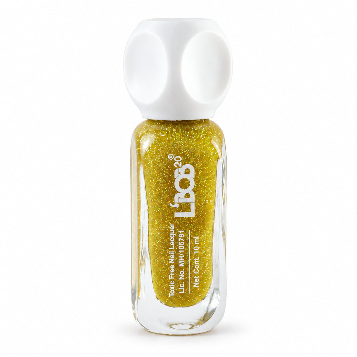 A bottle of gold glitter nail polish with a white cap stands on a white background.