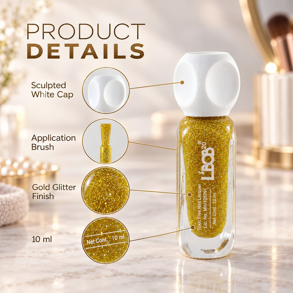 A bottle of gold glitter nail polish with a white cap, brush, and 10 ml content details.