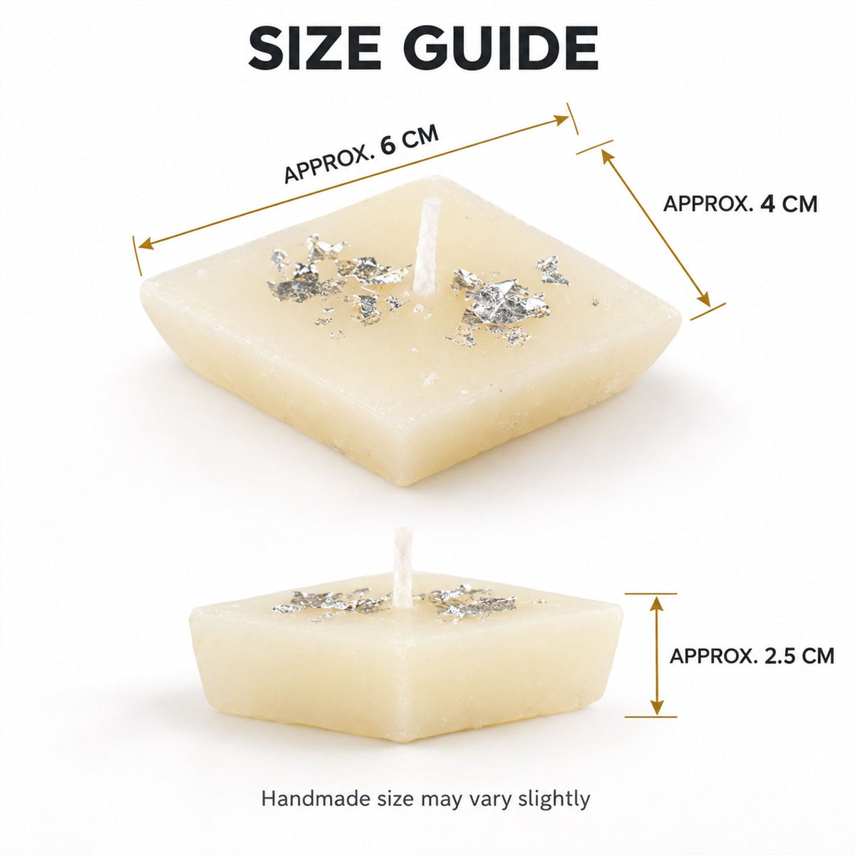 Two views of a single diamond-shaped cream candle with silver foil, displaying its approximate dimensions of 6 cm by 4 cm by