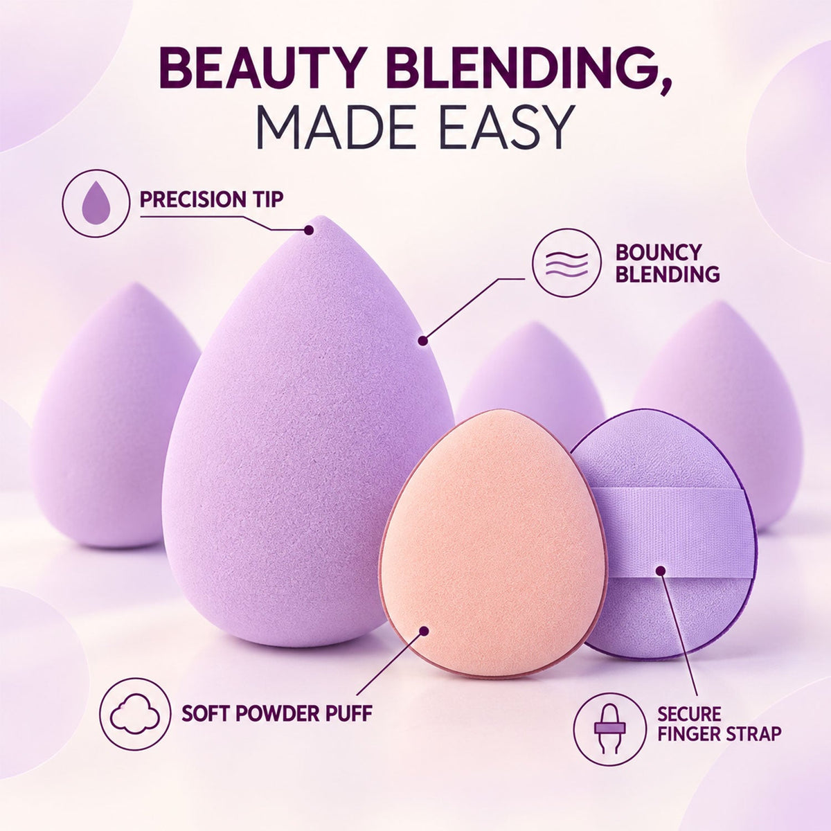 A lavender sponge and a peach puff are shown with text highlighting their precision tip and soft material.