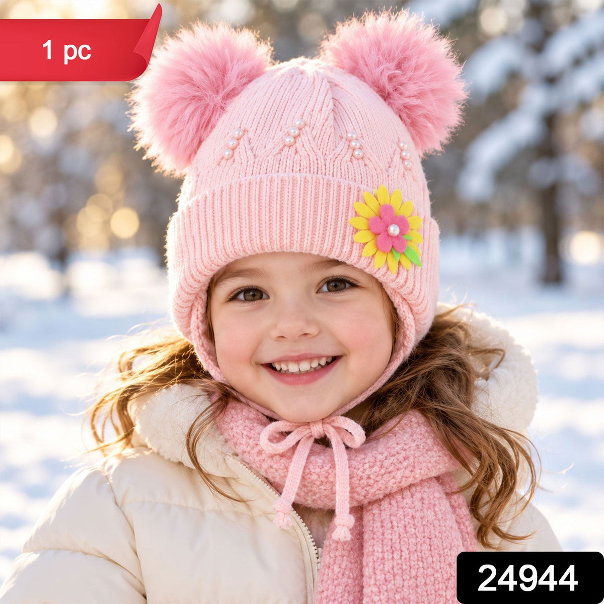 Kids Soft Knitted Winter Caps with Twin Pom Poms and Floral Detail (1 Pc)