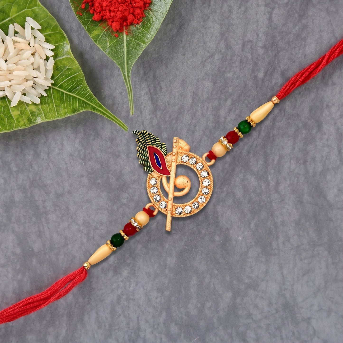 Close-up of Lord Krishna inspired rakhi with colorful beads